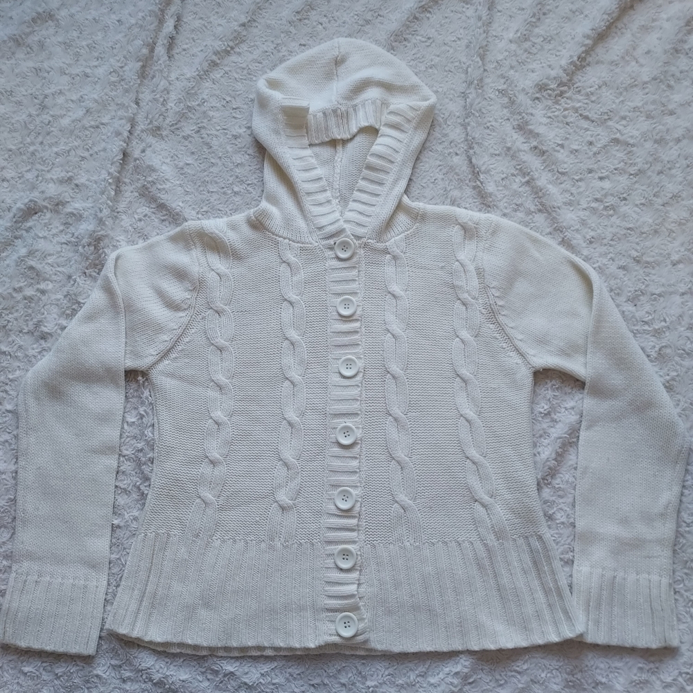 Carol Rose Ivory Cable Knit Hoodie Cardigan Cozy Minimalist Coastal Grandma Fall